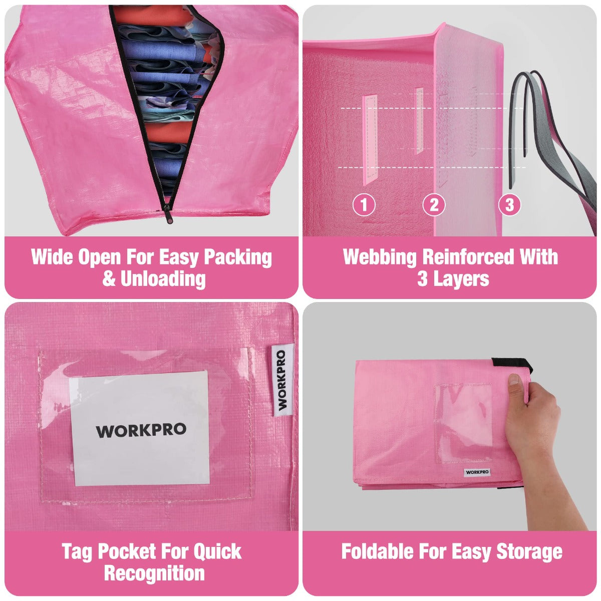 Pink heavy-duty storage tote bag with wide zipper opening and carry handles