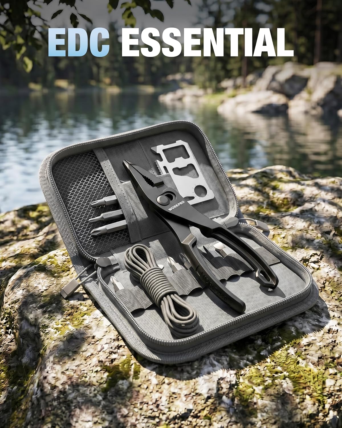 WORKPRO slip joint pliers set in a gray zip case with tools compartments
