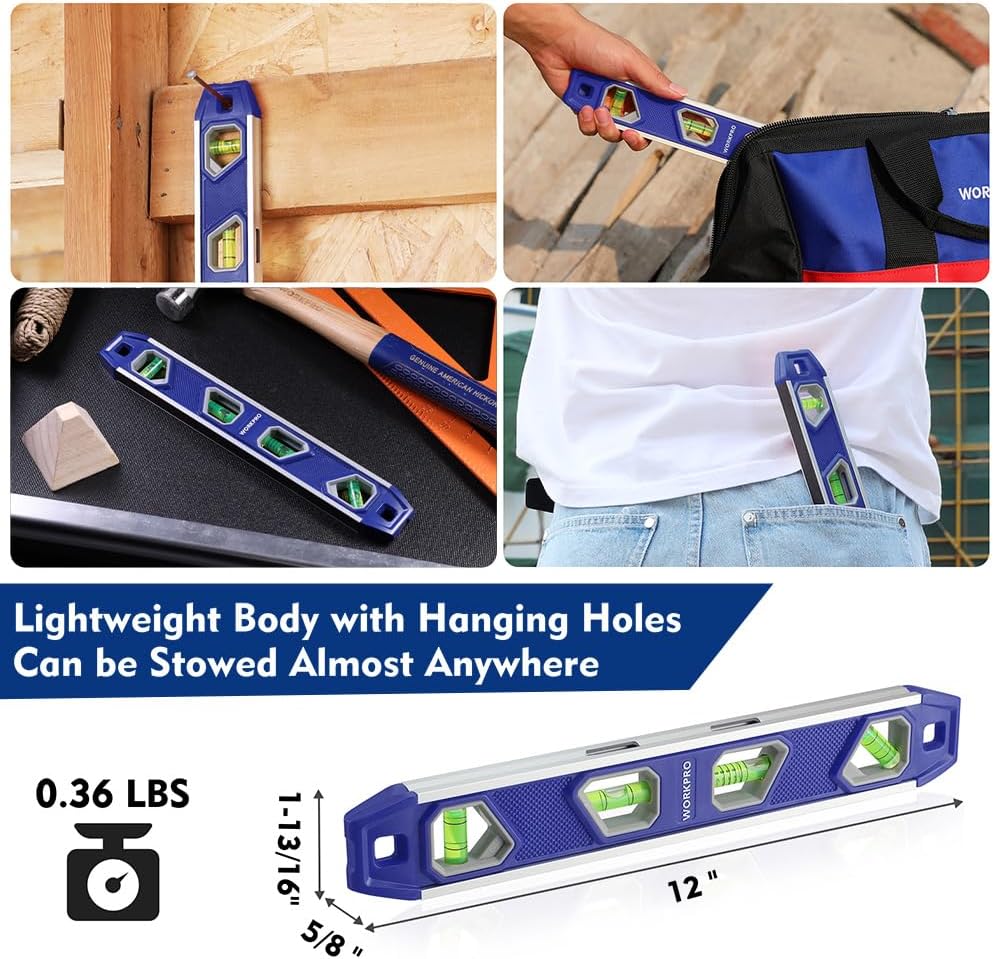 Blue 12-inch magnetic torpedo level with four bubble vials, compact aluminum body