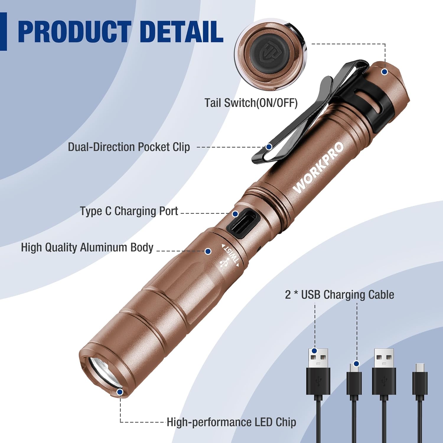 Brown rechargeable pen light showing tail switch and Type-C charging port