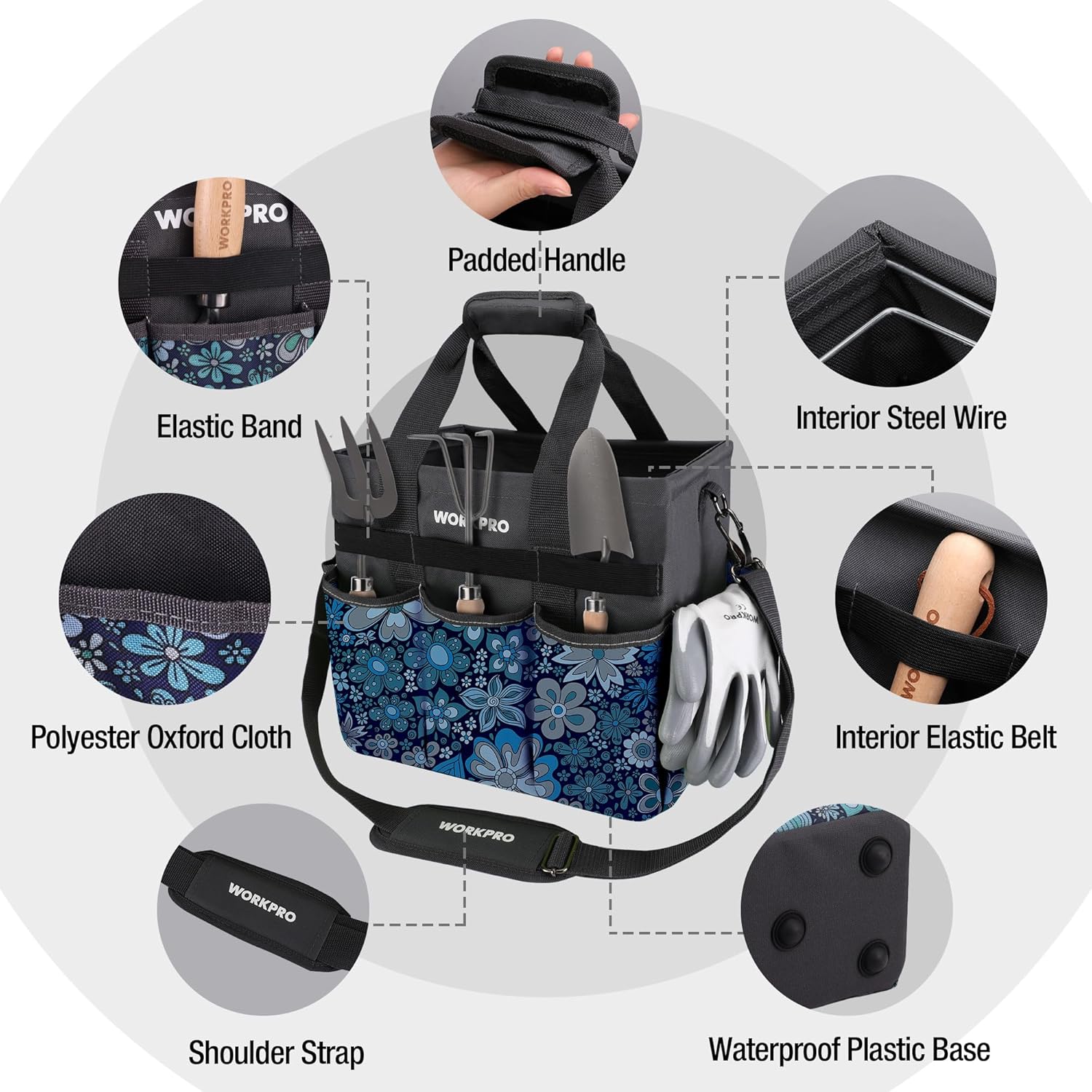Floral blue garden tool bag with padded handle, elastic bands, steel-wire interior, base feet.