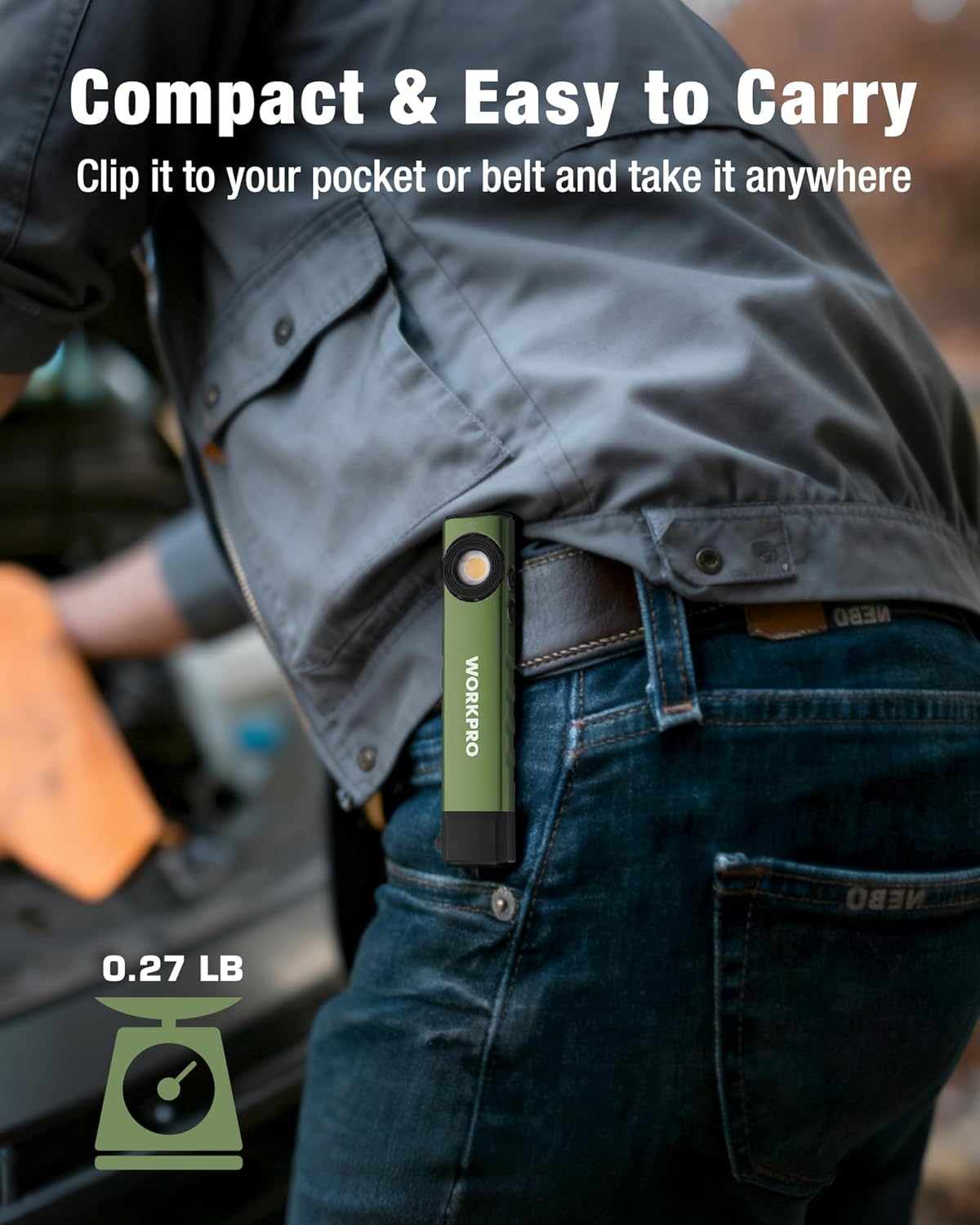Green slim EDC flashlight clipped on jeans pocket, compact hand-held design