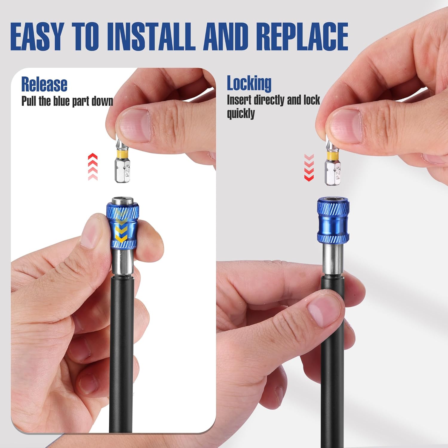 Magnetic bit holder extension with push-down locking insert for quick replacement