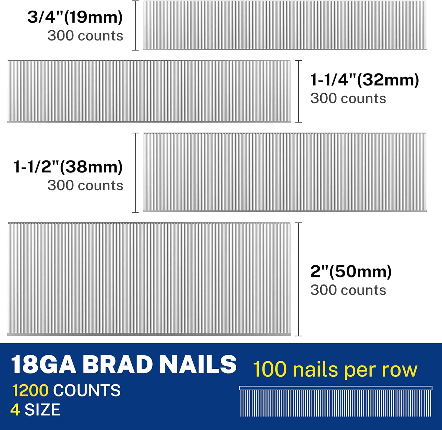 18-gauge brad nails pack showing four lengths (3/4, 1-1/4, 1-1/2, 2 in), silver