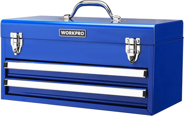 WORKPRO 18 Inch Portable Metal Tool Box with 2 Drawers and 1 Top Storage, Metal Latch and Liner, 100 LBS Load Capacity (Totally)