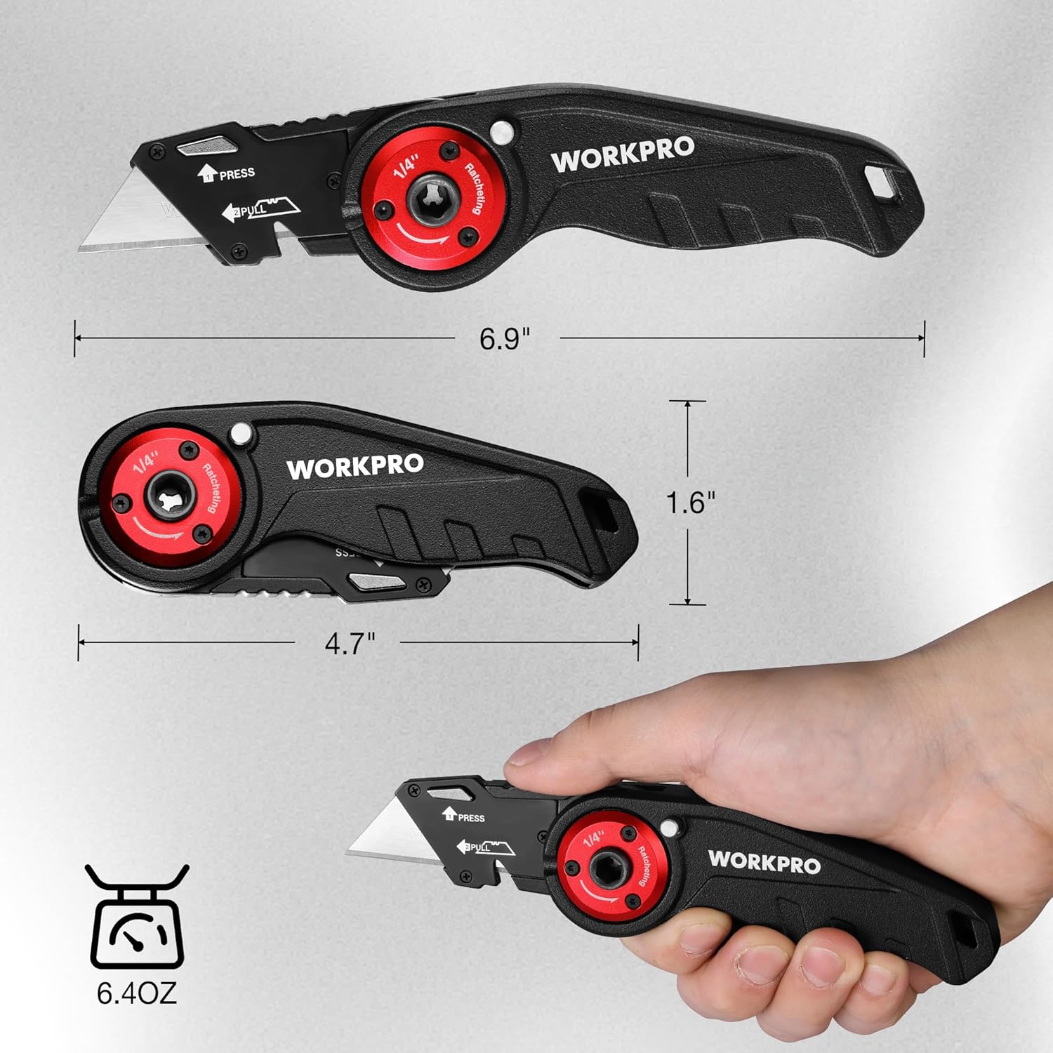 WORKPRO folding utility knife with red ratchet head and compact size