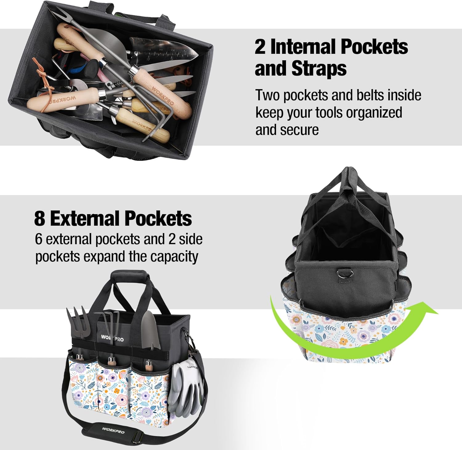 Gardening tool tote bag with open interior straps and 2 internal pockets plus 8 exterior pockets.