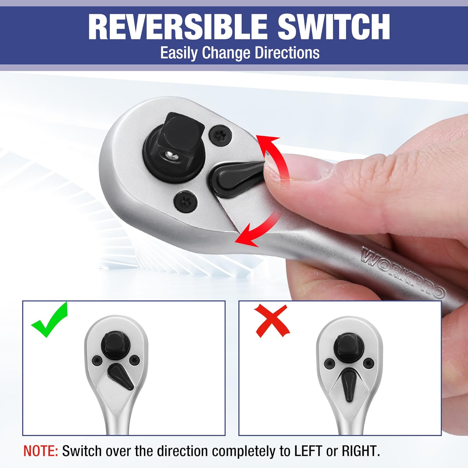 Reversible ratchet switch on metal ratchet handle with direction change control