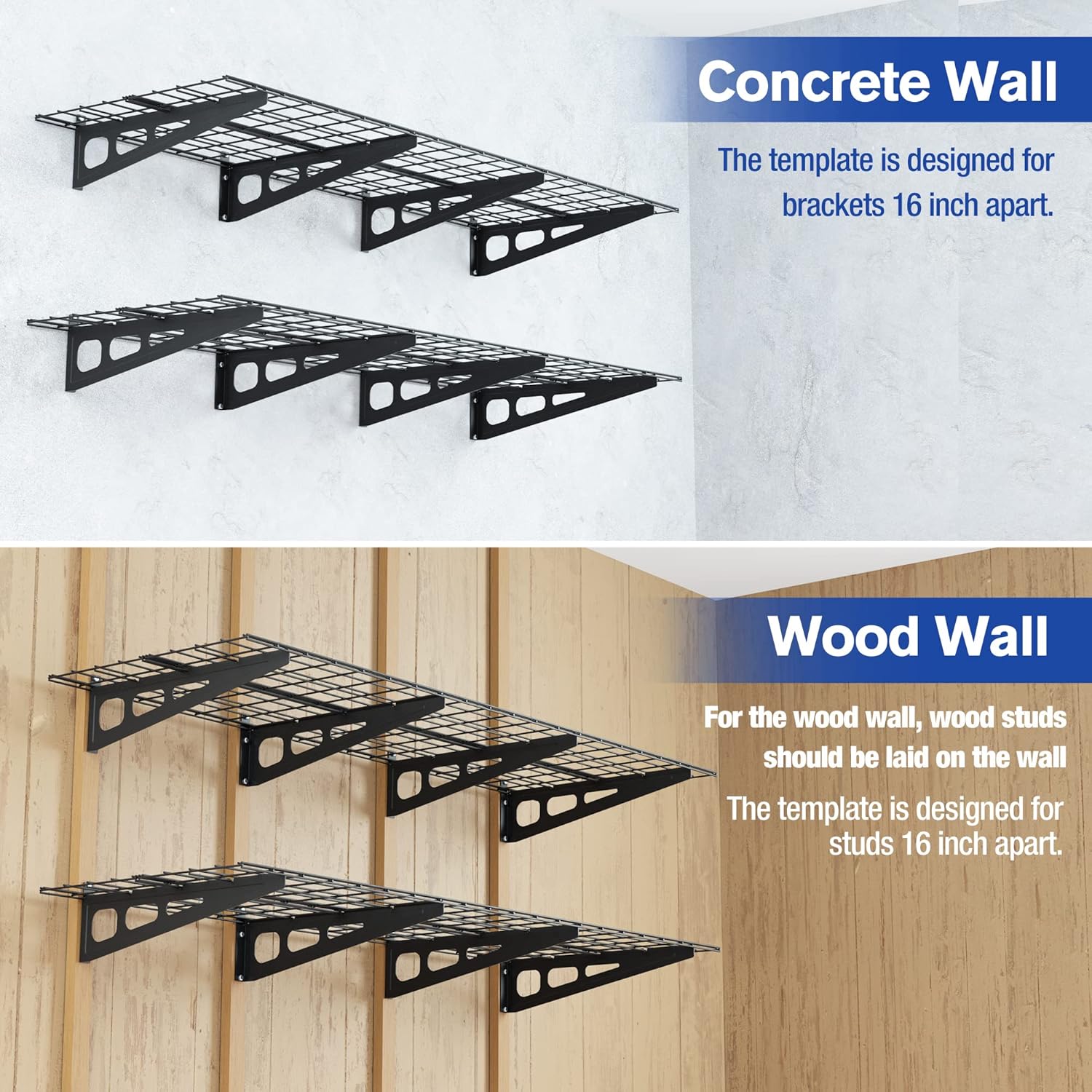 Black metal wall shelving with wire grid tiers and mounting brackets, concrete-wall style.
