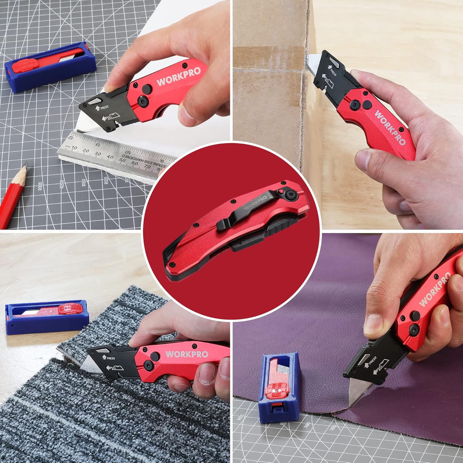 Red folding utility knife with quick blade change and spare blade storage case