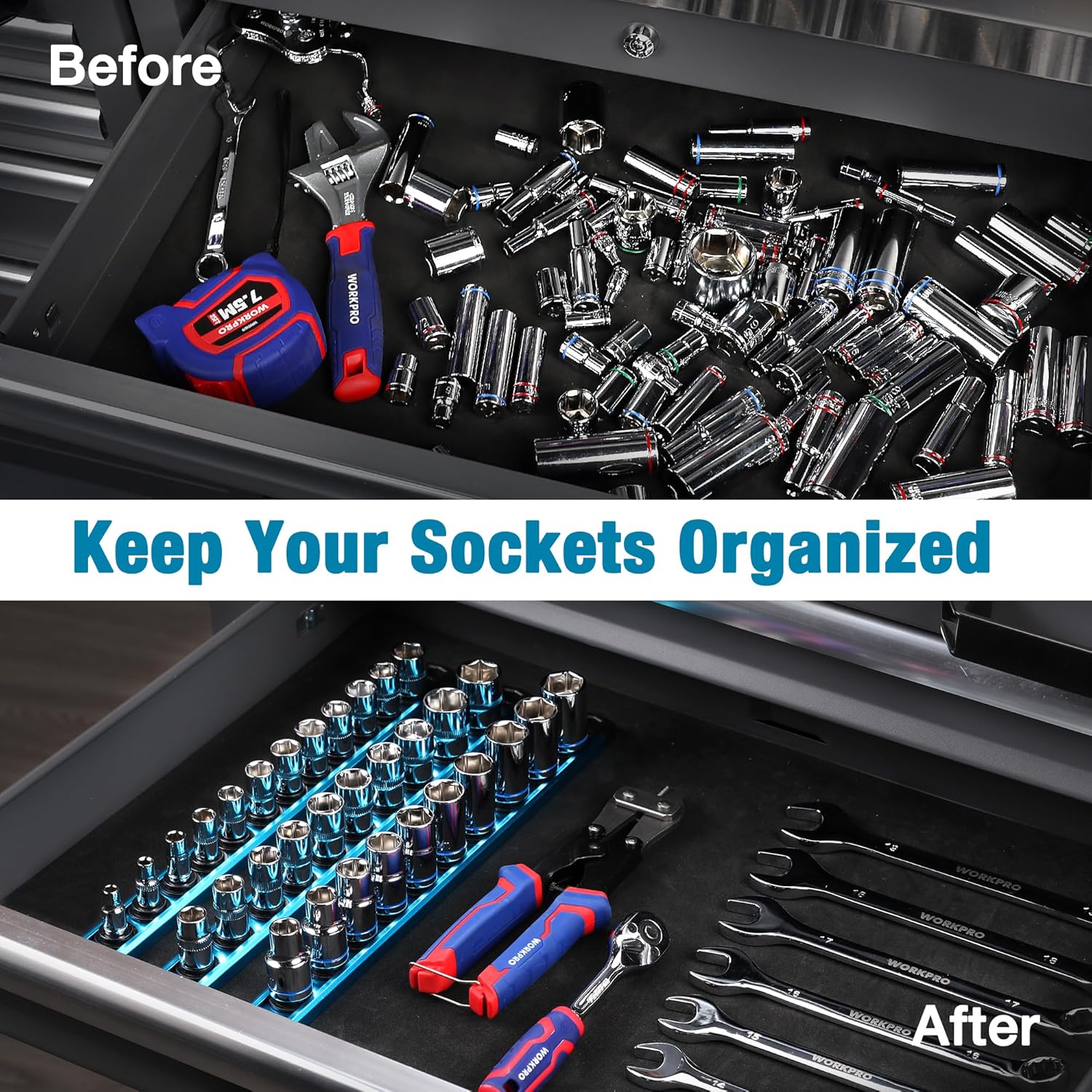 Magnetic socket organizer rail with sky blue clips, holding multiple chrome sockets