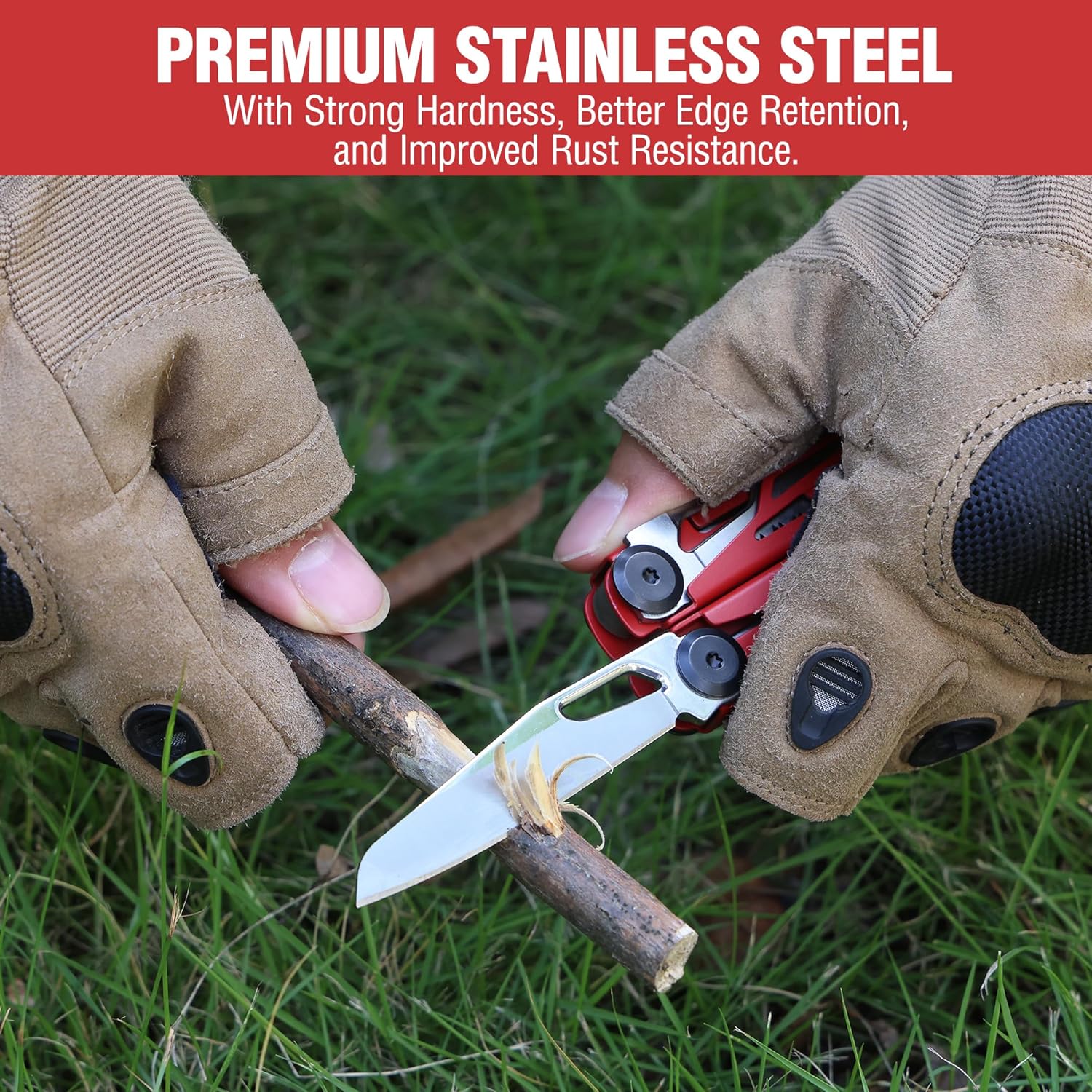 Red stainless steel multitool with blade and plier jaws held in work gloves
