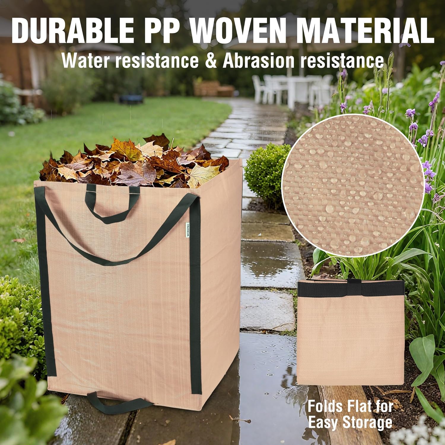 Light tan reusable yard waste bag in durable woven polypropylene, folds flat