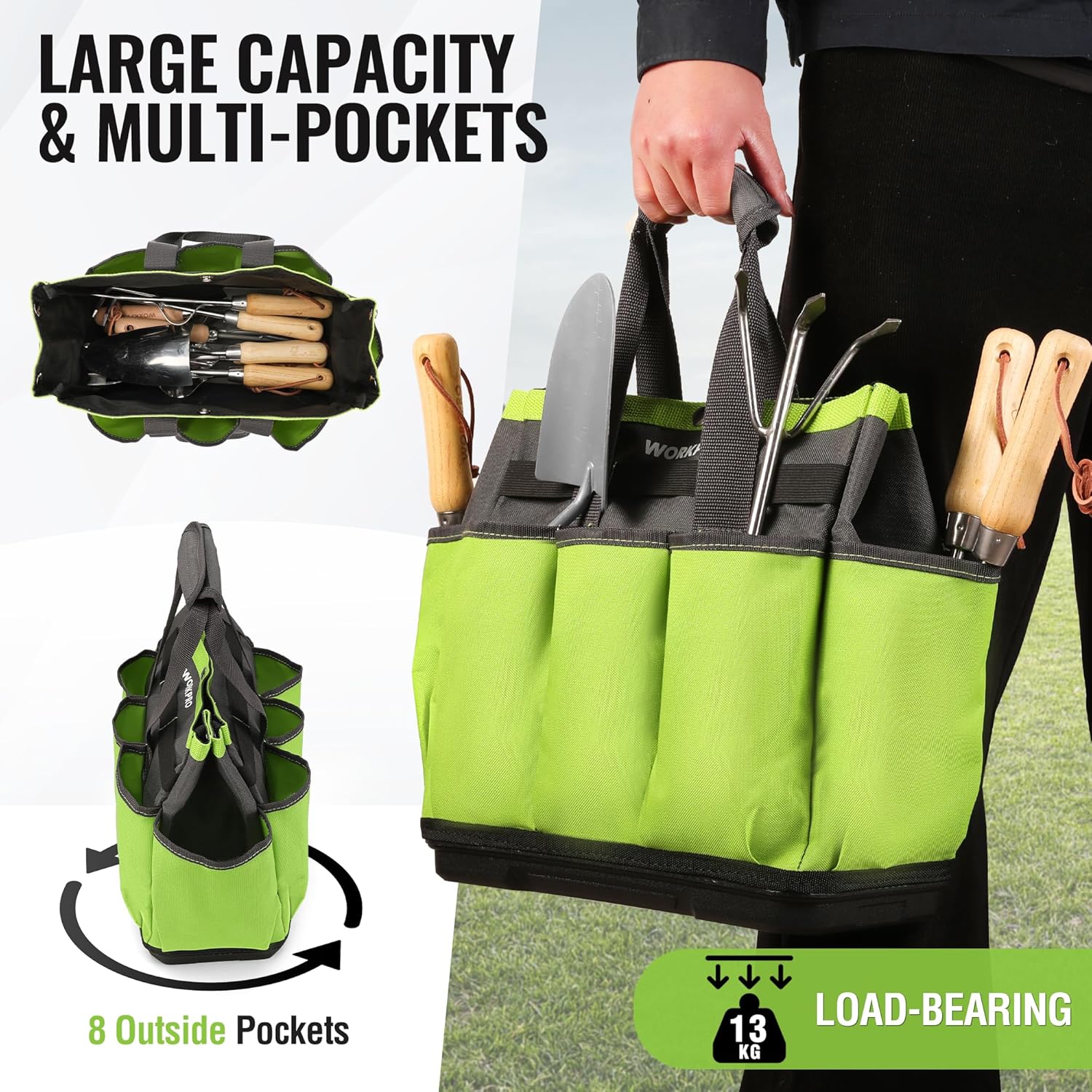Green multi-pocket garden tool bag with wide handles and tool holder compartments.