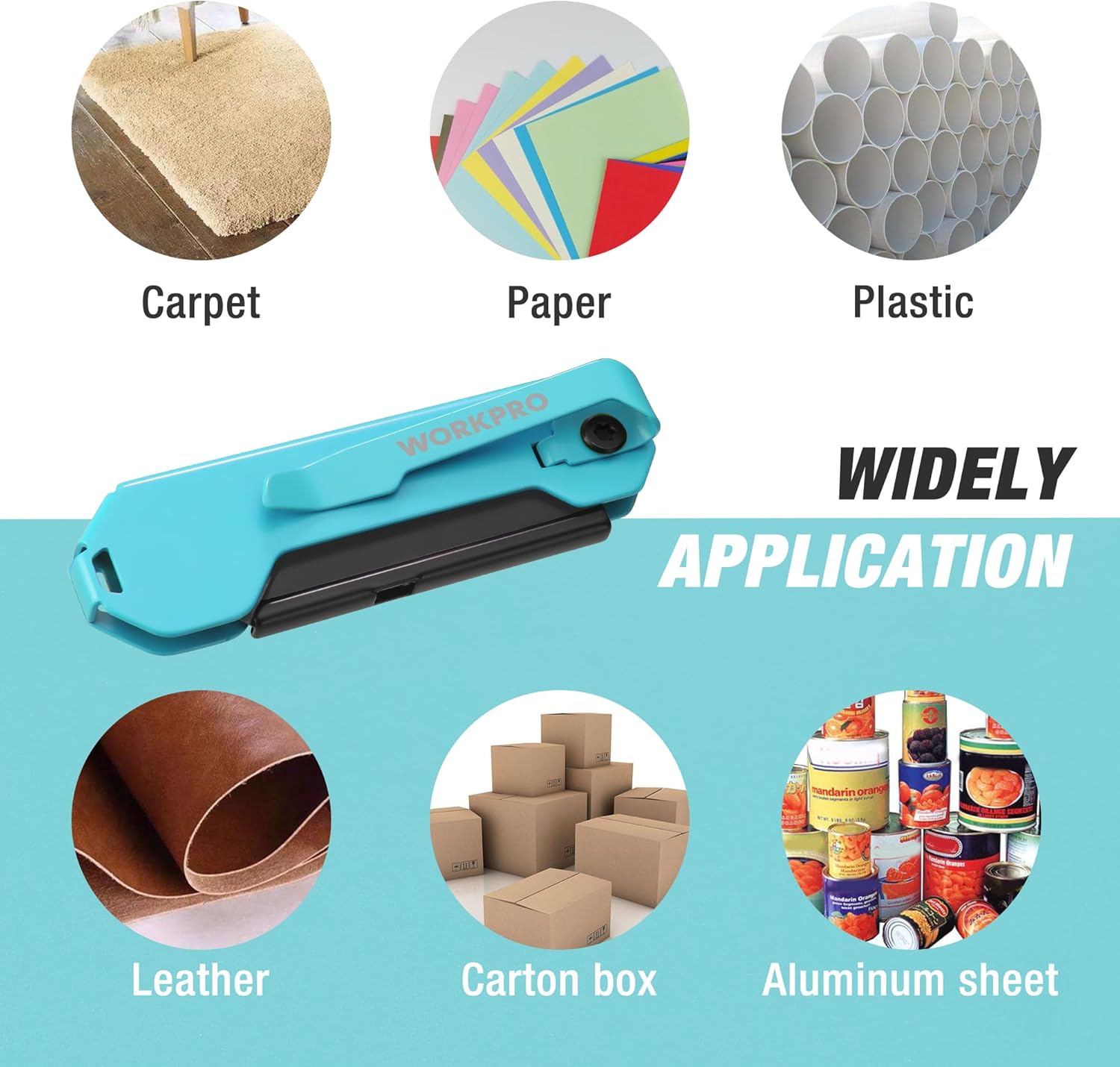 Turquoise folding utility knife for cutting carpet, paper, plastic, leather, and boxes