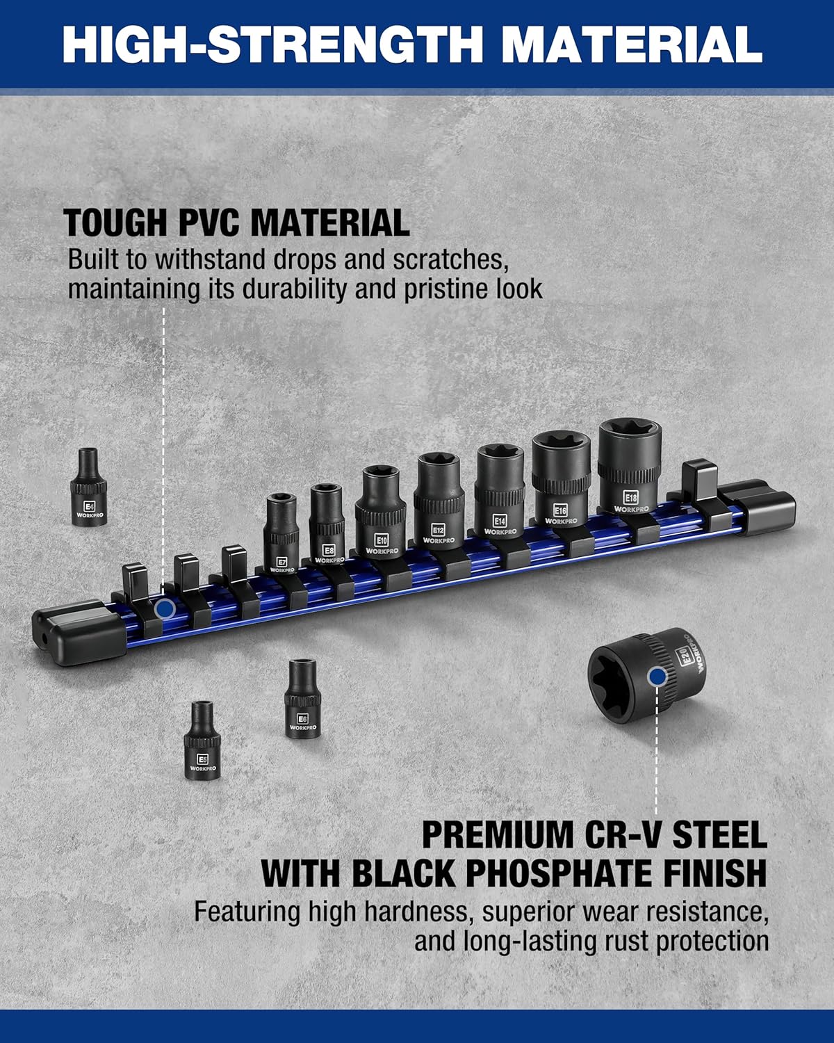 CR-V E-Torx sockets with black phosphate finish on blue PVC organizer rail