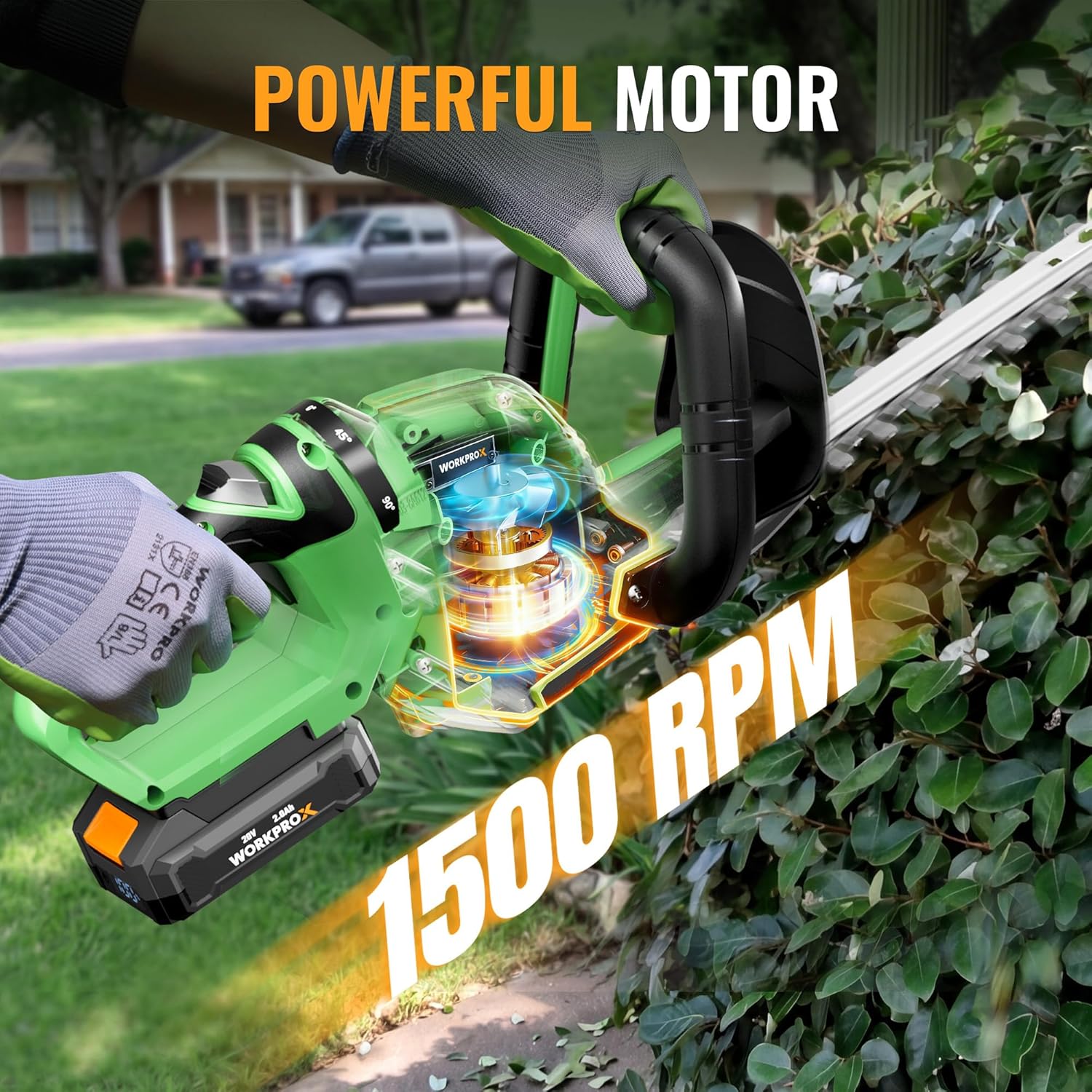 Green cordless hedge trimmer with front motor housing and blade bar for shrubs