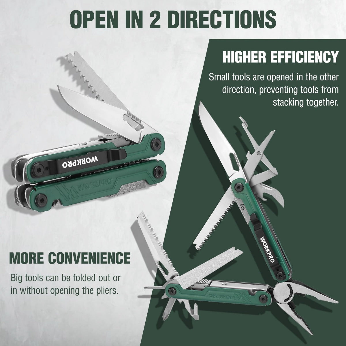 Green 18-in-1 multi-tool pliers with folded blades and tool attachments