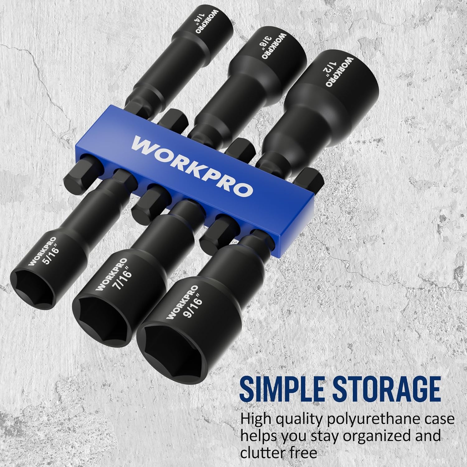 Set of six black hex shank nut driver sockets in blue case