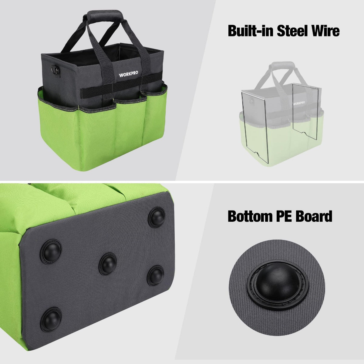 Standable green and black tote bag with reinforced bottom and built-in steel wire frame