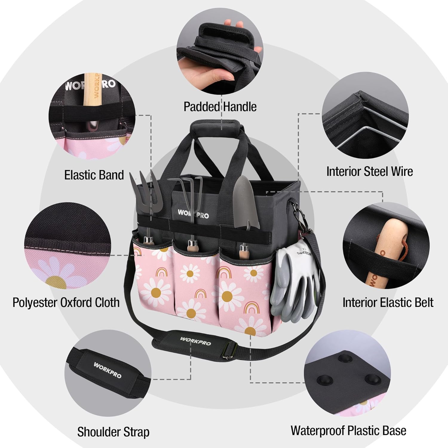 WORKPRO floral pink gardening tote with padded handle and interior steel wire frame