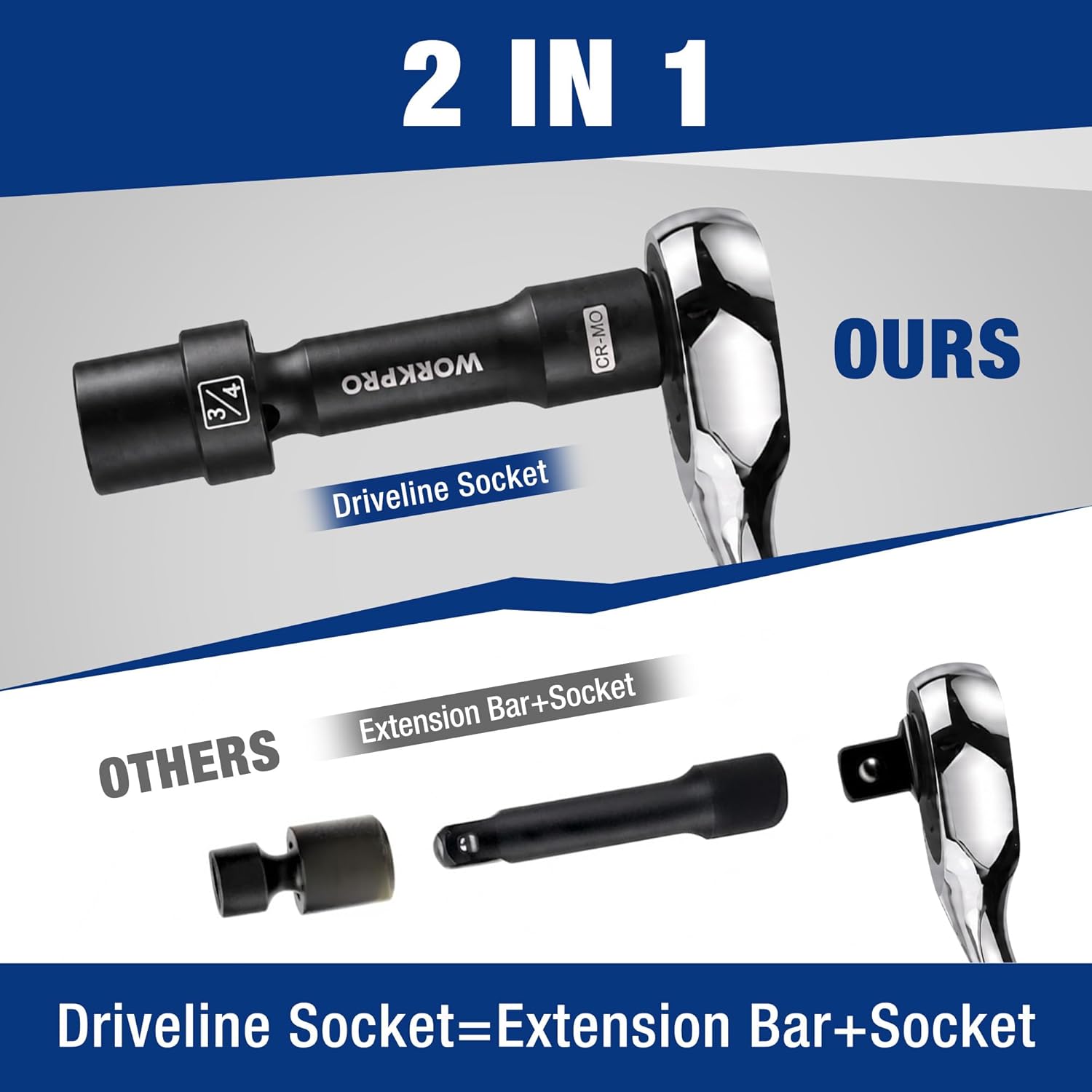 Driveline socket with extension bar, 2-in-1 assembly for limited clearance