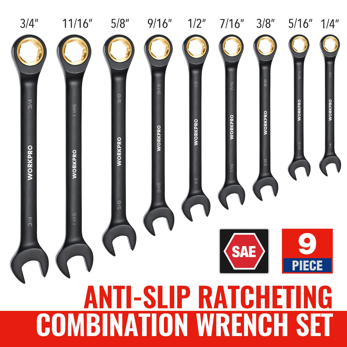 9-piece black anti-slip ratcheting combination wrench set with SAE sizes