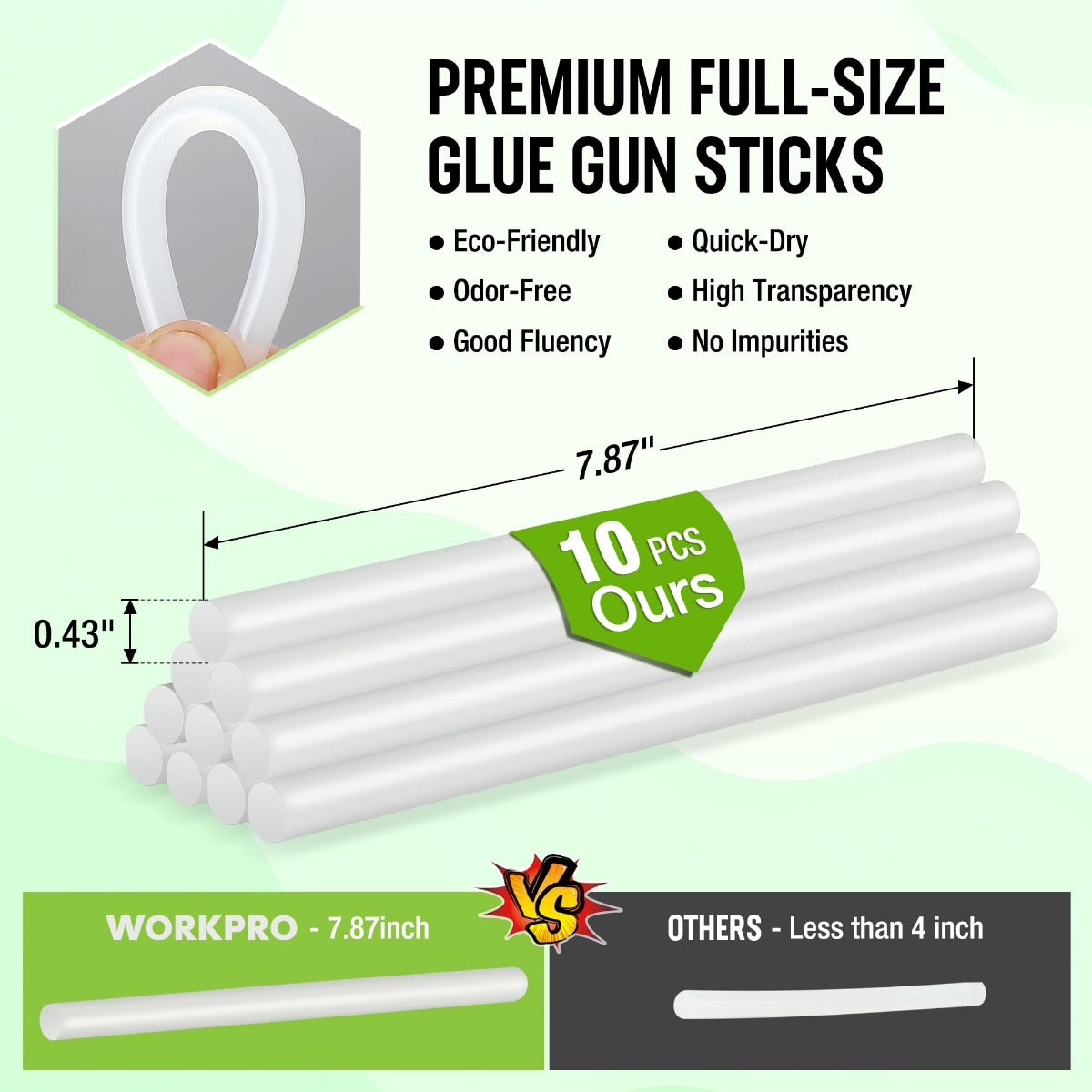 10 full-size white hot glue gun sticks for refills, with clear measuring markers.