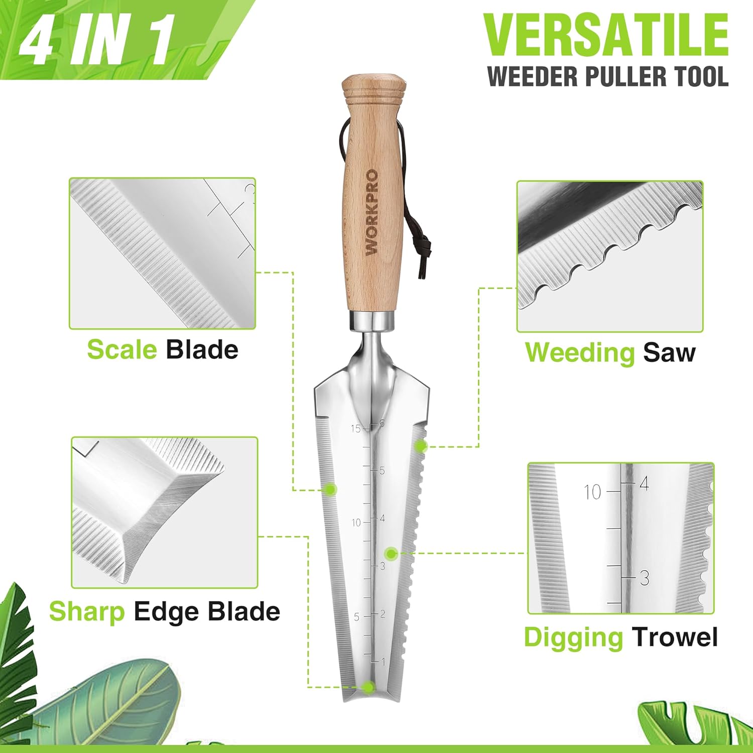 Narrow garden weeding tool with stainless steel blade, scale markings, and pointed tip