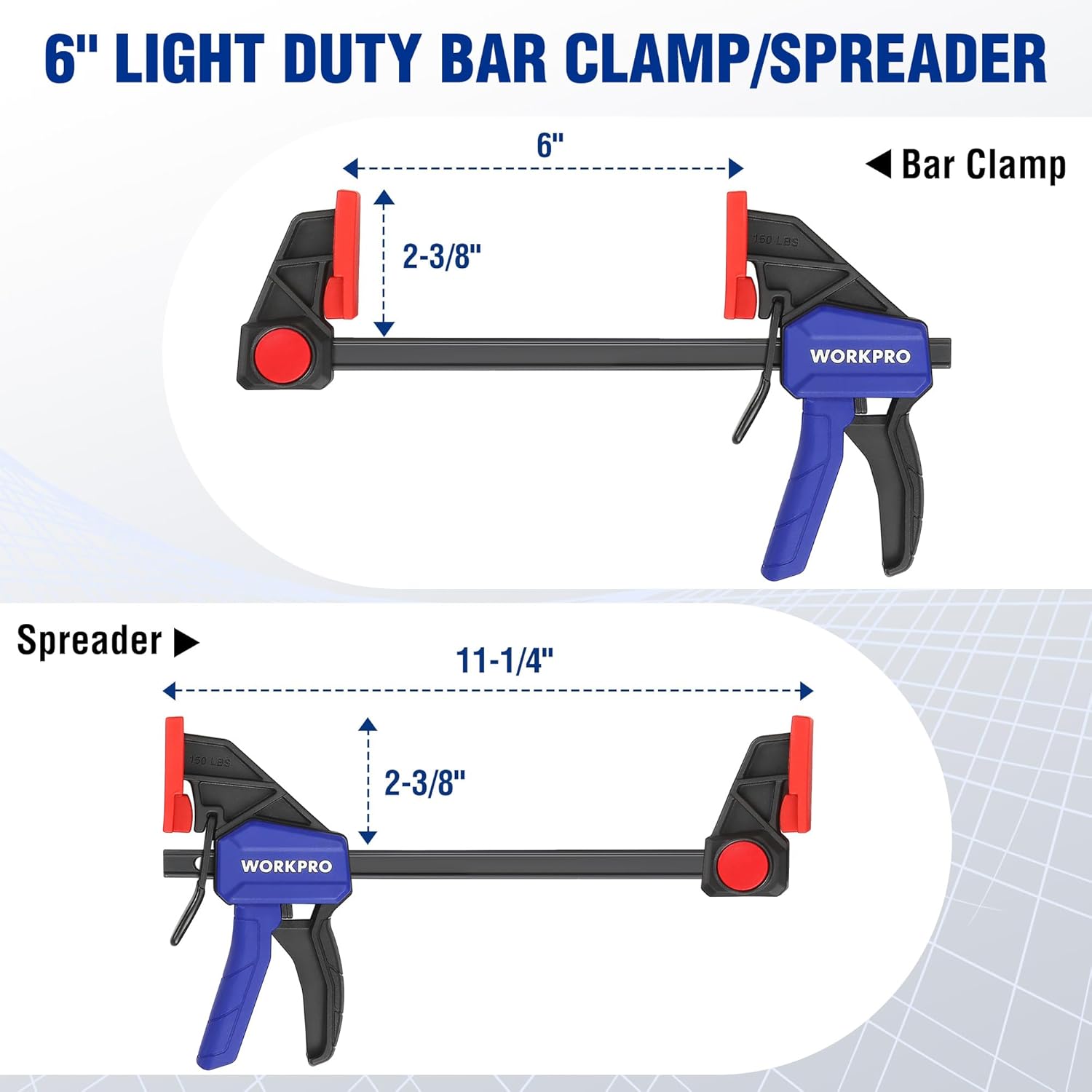 6-inch light duty bar clamp/spreader with red jaw pads and blue trigger handle