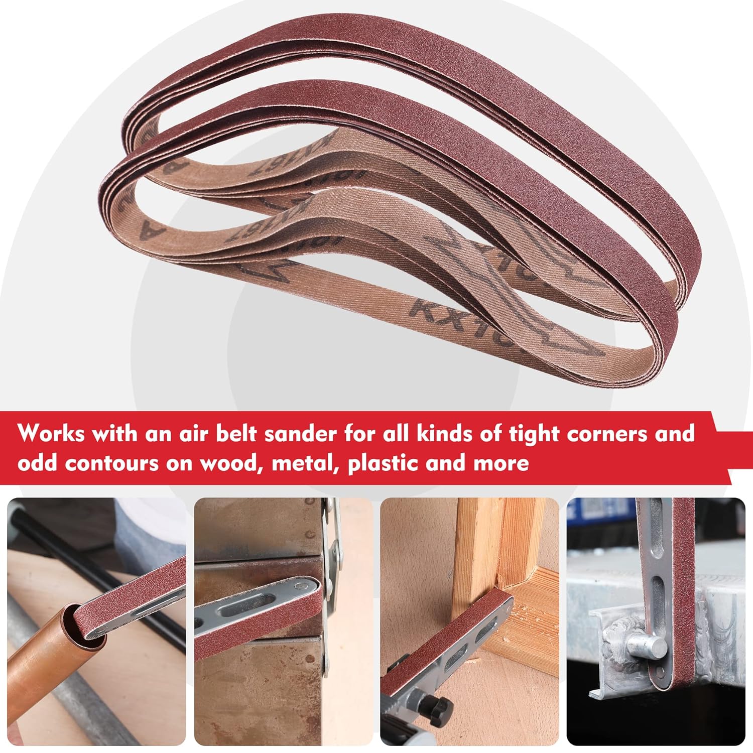 Stacked red sanding belts with printed grit markings on the belt surface