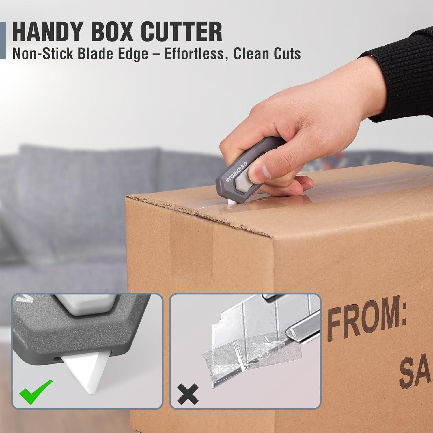 Retractable safety box cutter with non-stick blade edge cutting a cardboard box