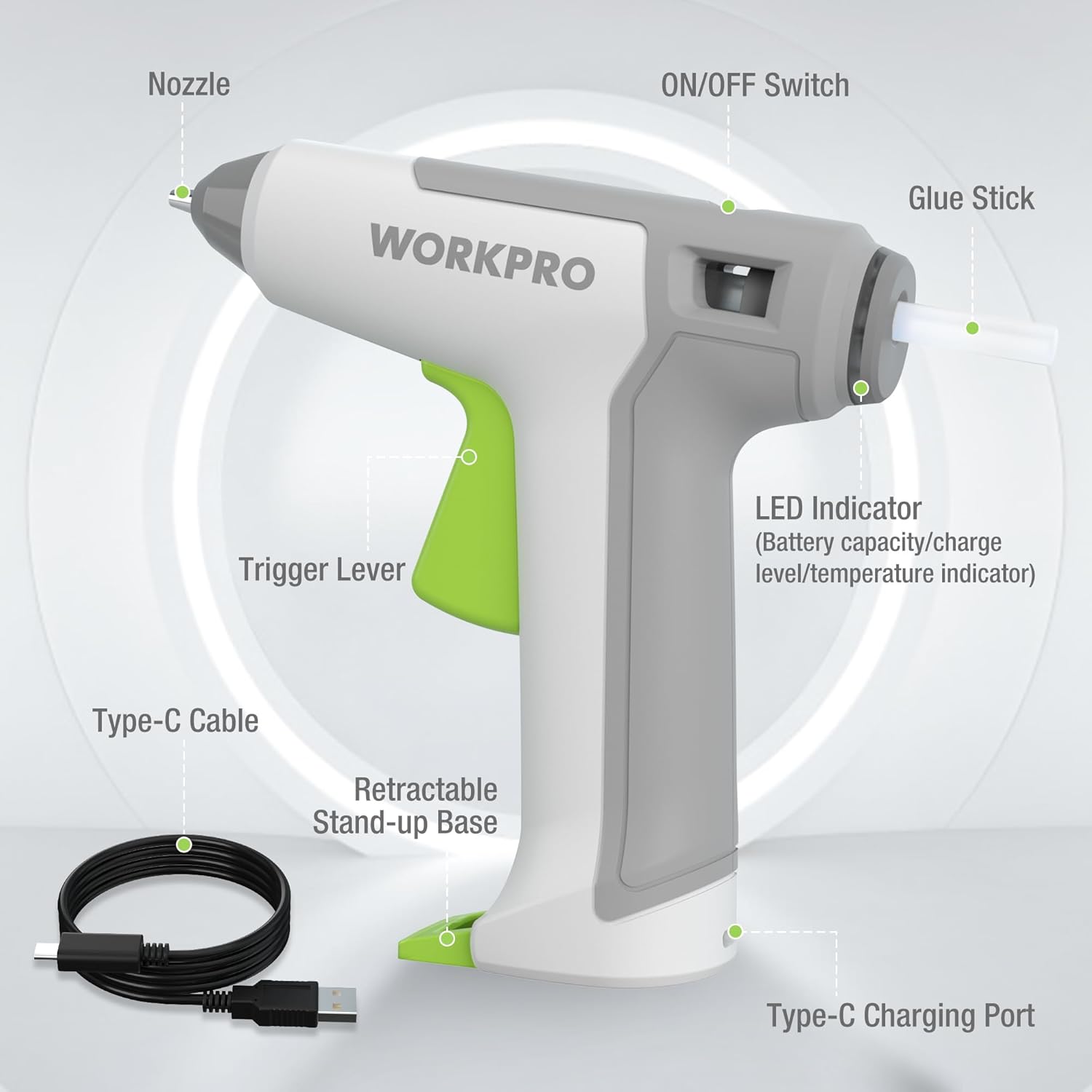 Cordless hot glue gun parts labeled: nozzle, on/off switch, trigger, LED indicator, Type-C port