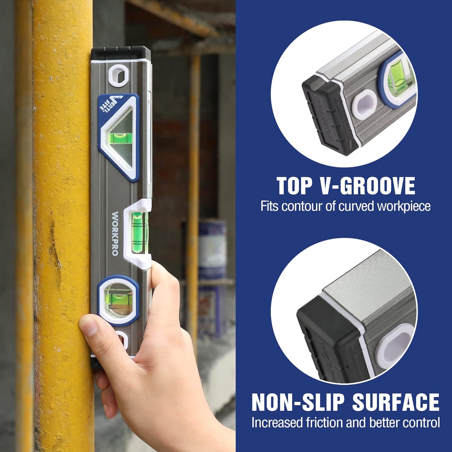 Torpedo level showing top V-groove fitting curved surfaces, with green bubble vials