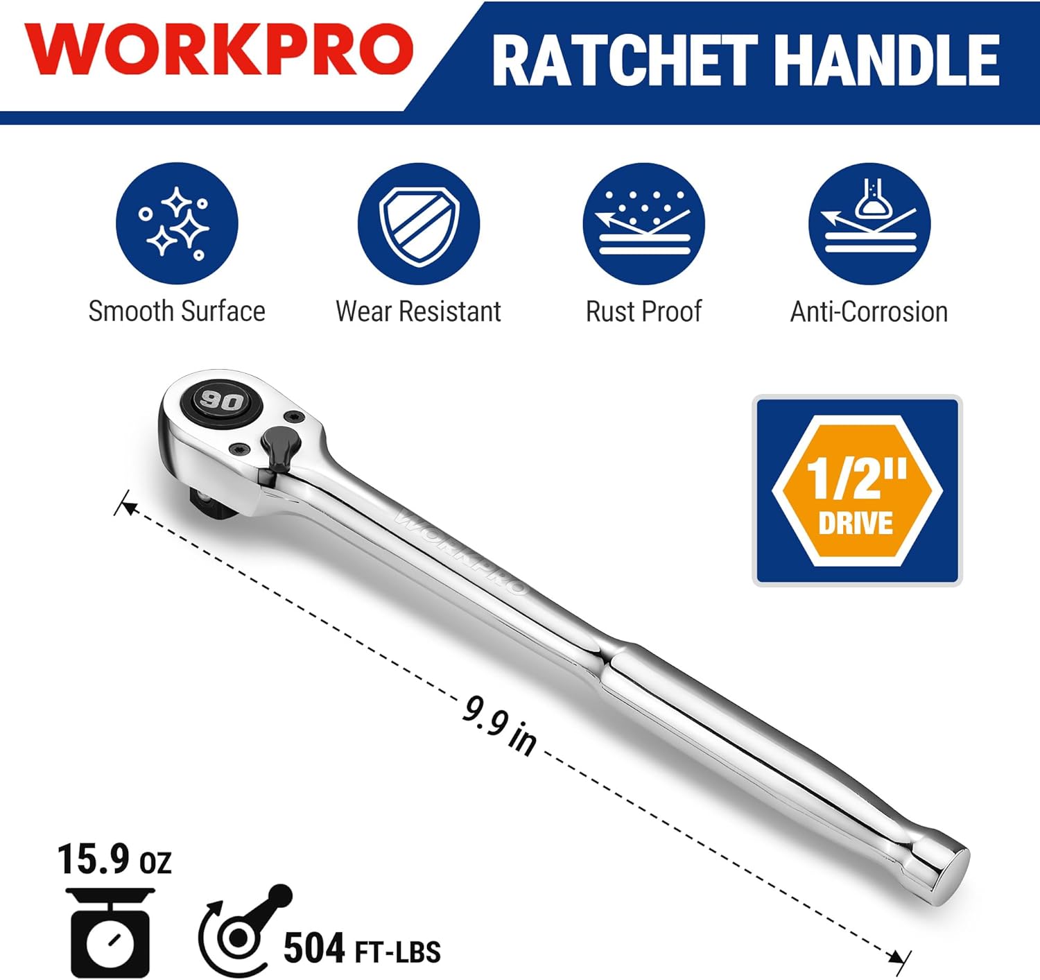 WORKPRO polished 1/2 in drive low-profile ratchet wrench with 90-tooth head