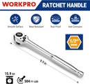 WORKPRO Low-Profile 1/2-Inch Drive Ratchet, 90-Tooth Quick-Release Ratchet Wrench, Reversible, 4° Swing, CR-MO Compact Drive Head, Full Polished, Gifts for Men