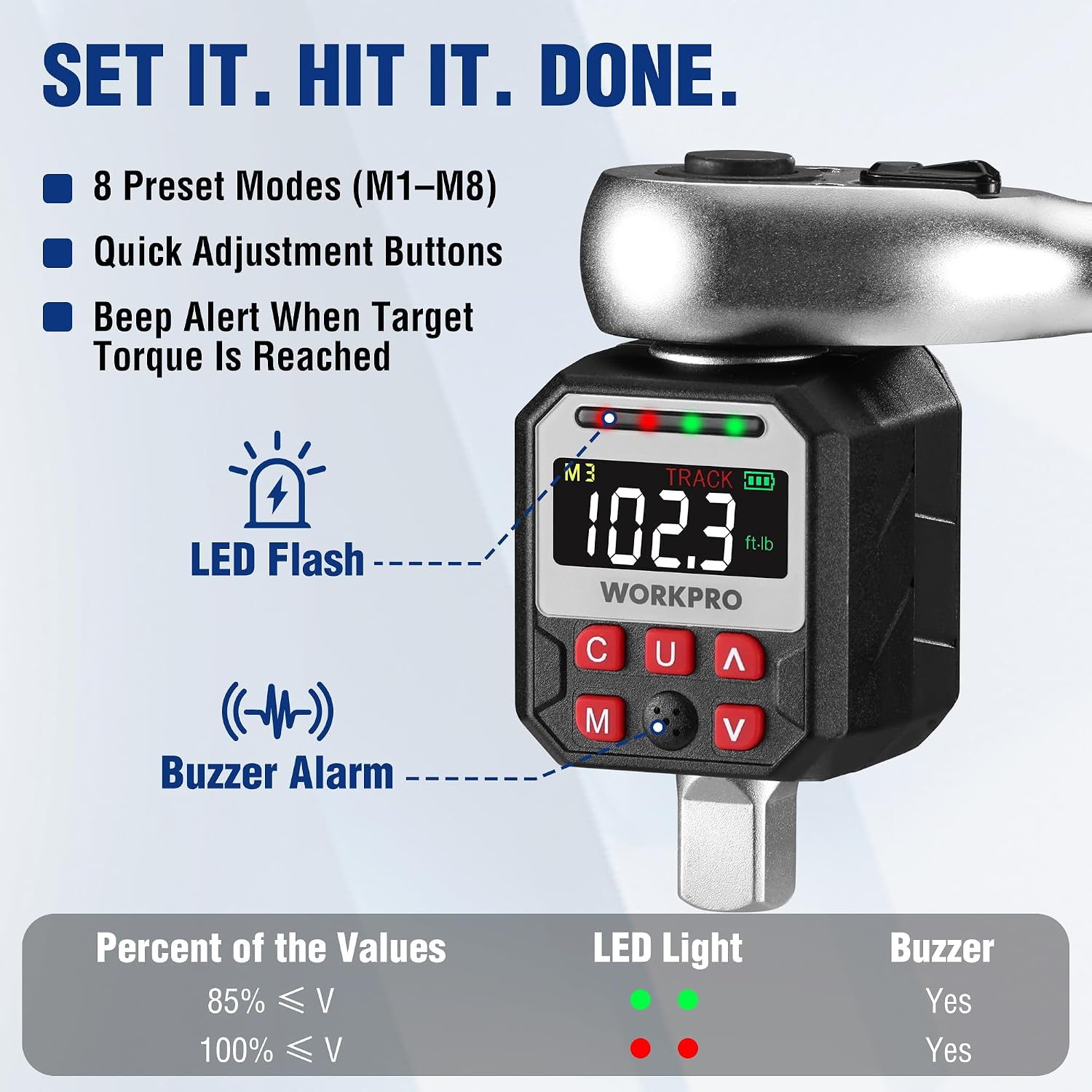 WORKPRO digital torque adapter with LCD display, preset buttons, and buzzer alert