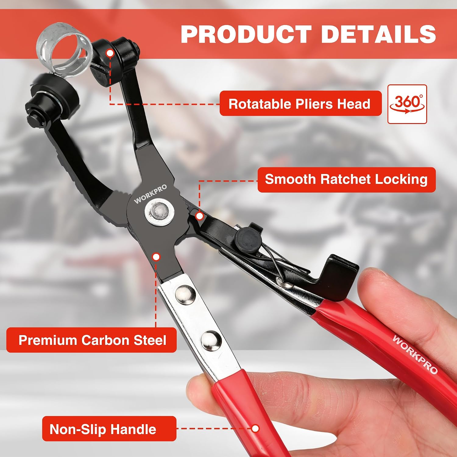 Red-handled hose clamp pliers with rotatable head and smooth ratcheting lock