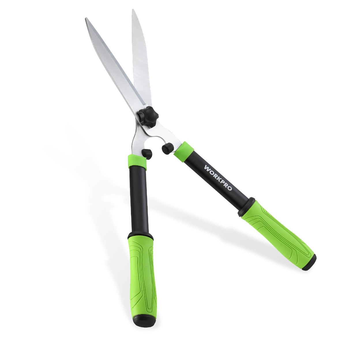 Manual hedge shears with dual blades and green-and-black ergonomic handles