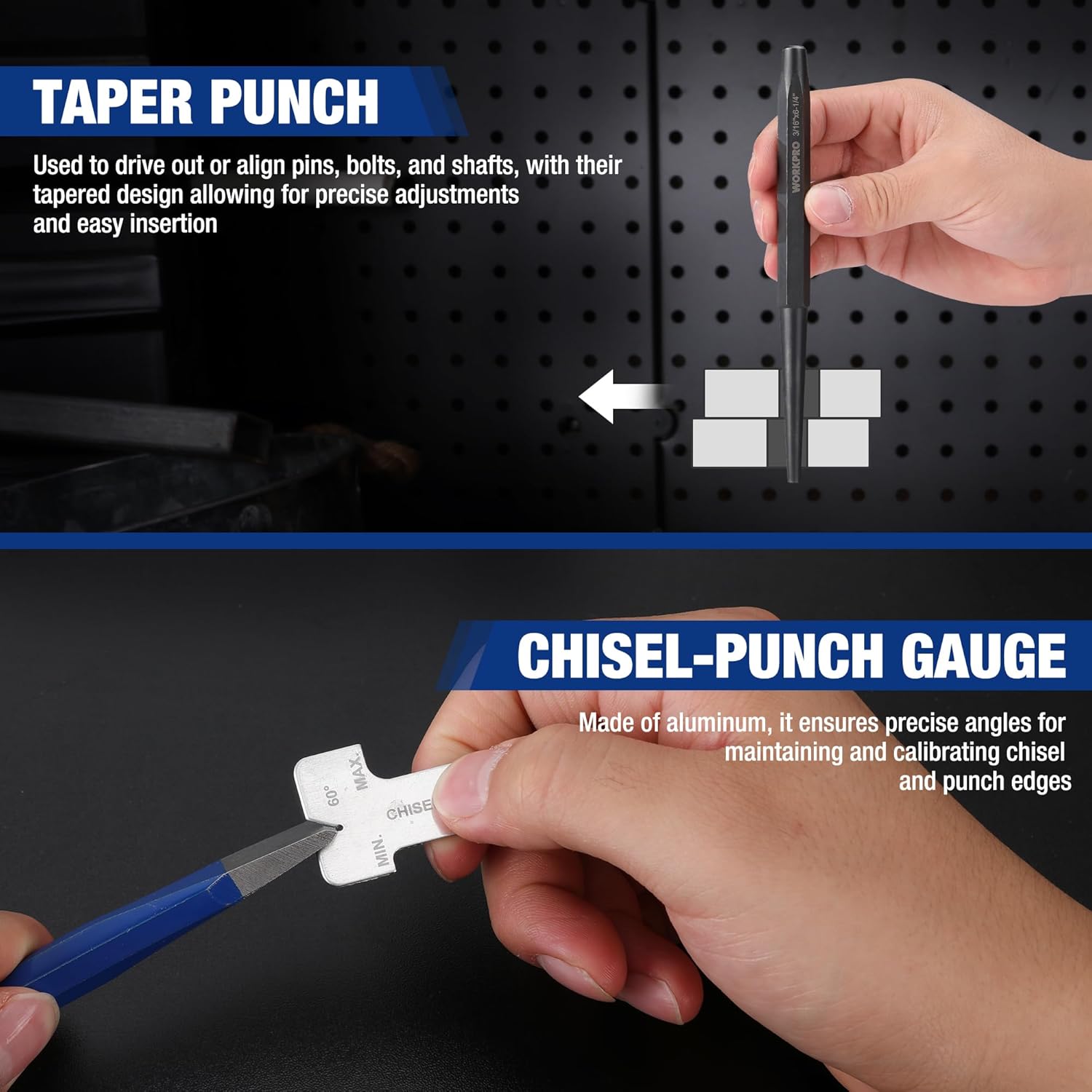 Taper punch and chisel-punch gauge tools with blue handles for precise metal work.