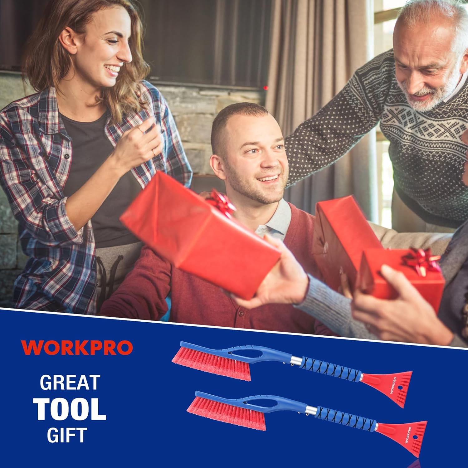 2-in-1 snow brush and ice scraper tool with blue brush head and red scraper blade