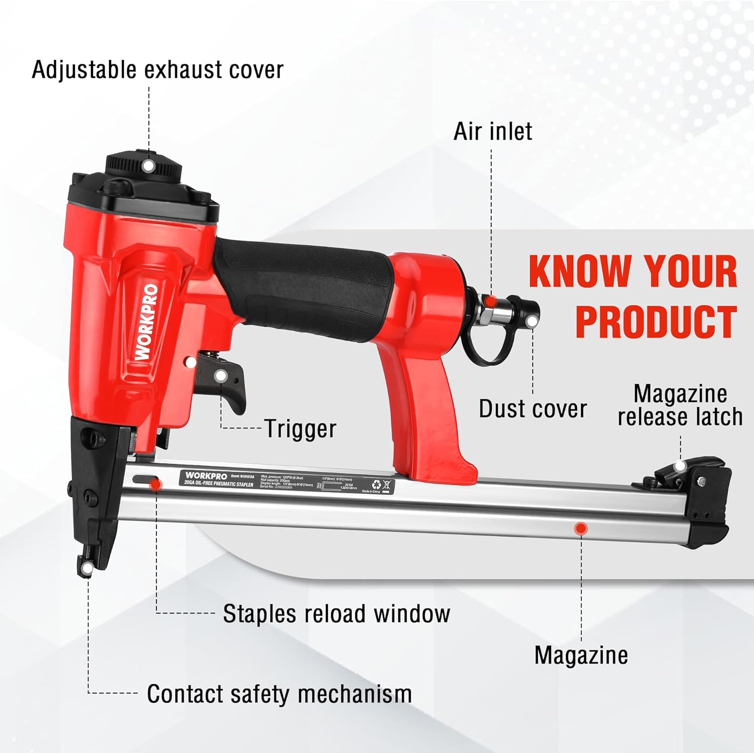 Pneumatic upholstery staple gun with black air inlet, trigger, dust cover, and staple magazine