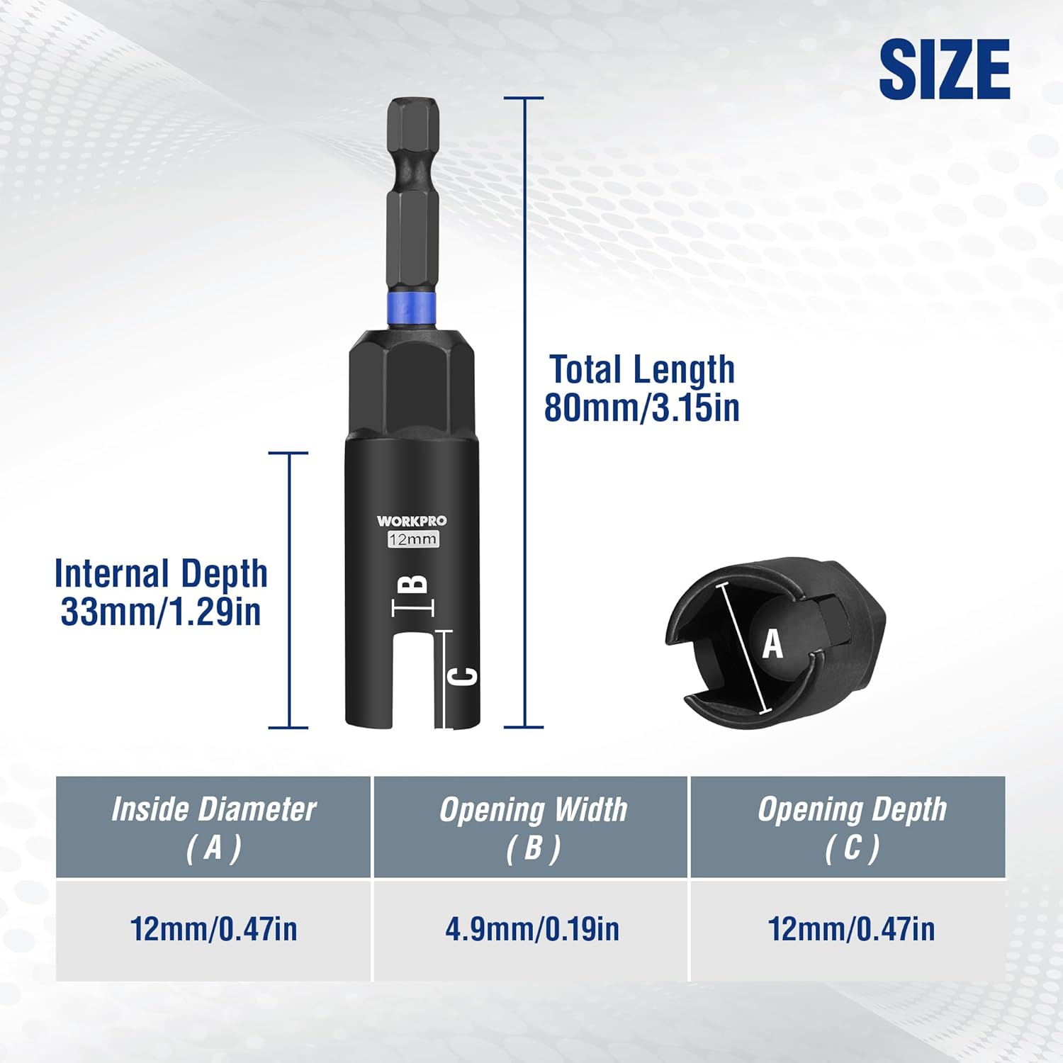 12mm wing nut driver bit with measurement chart: total length 80mm and opening depth 12mm.
