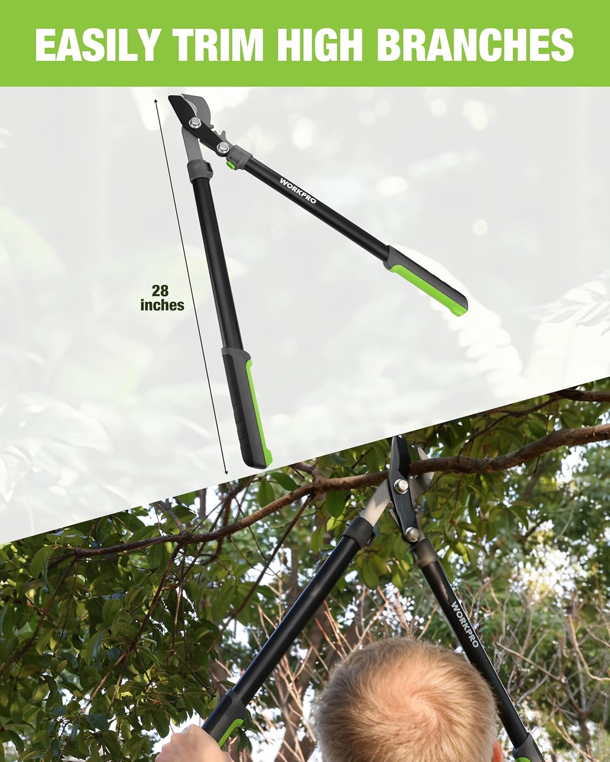 28-inch bypass lopper with black handles and green accents for high branches