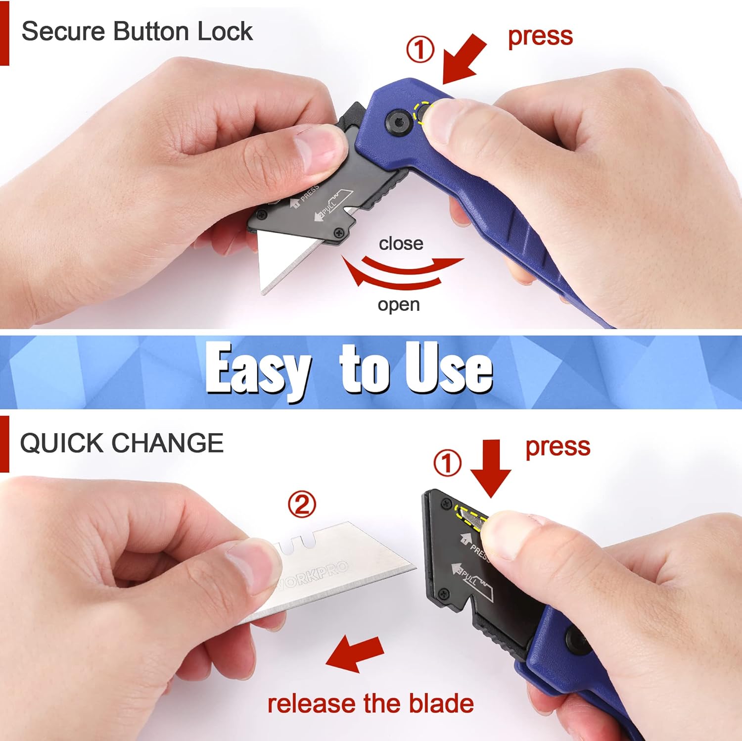 WORKPRO utility knife with secure button lock; hands press to open the blue housing