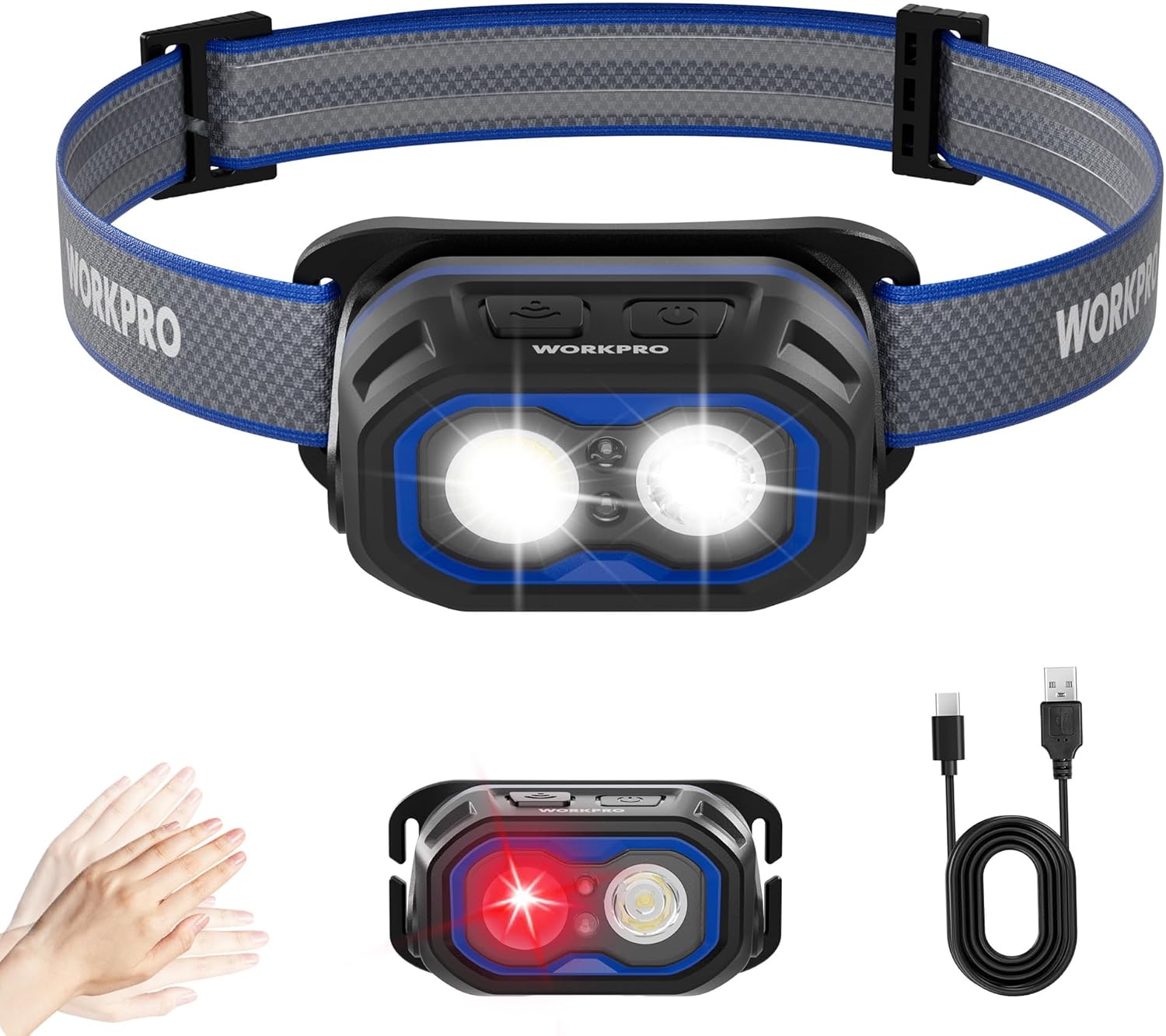 Rechargeable headlamp with blue adjustable strap, dual white LEDs lit, includes charging cable.