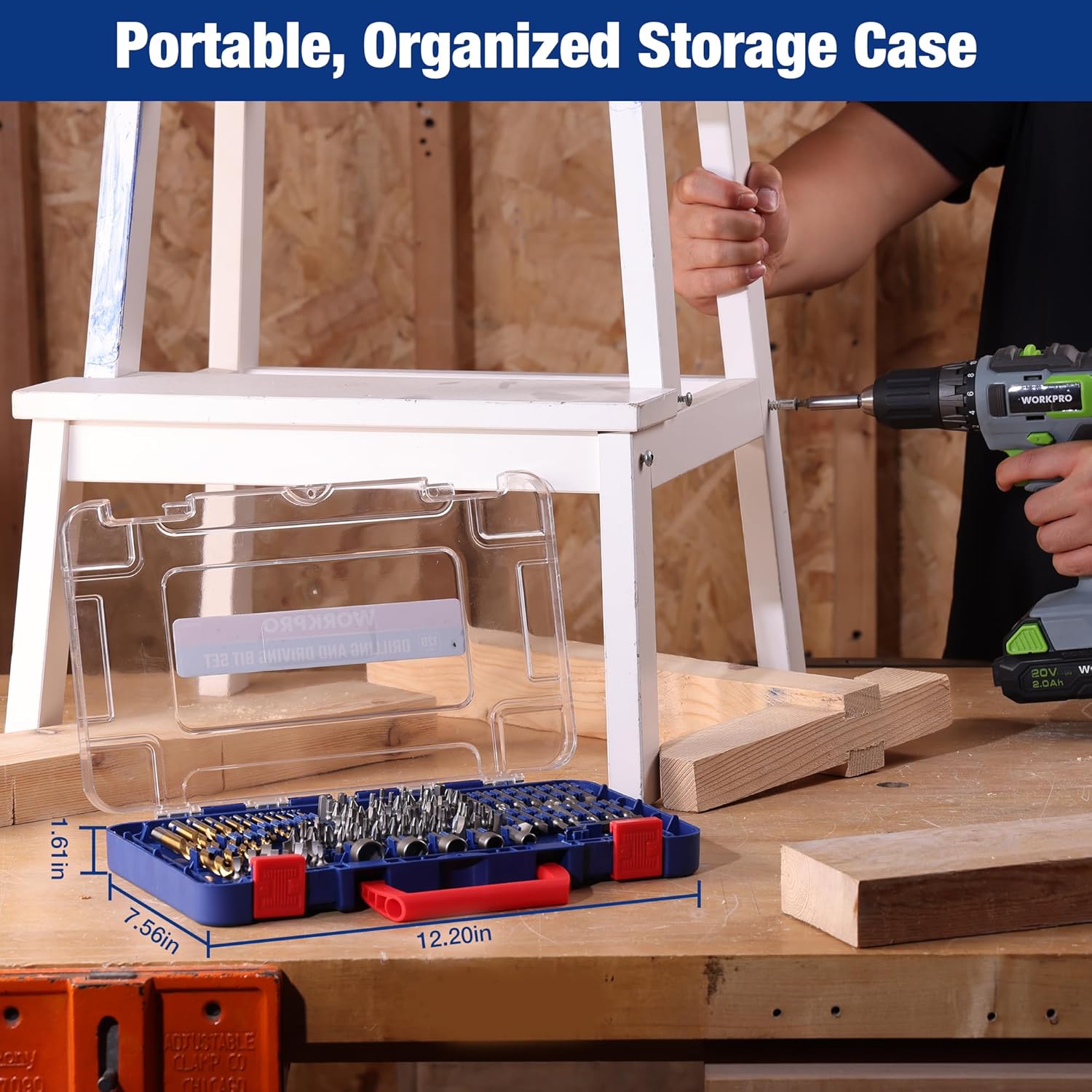Portable organizer storage case with assorted drill and screwdriver bits inside