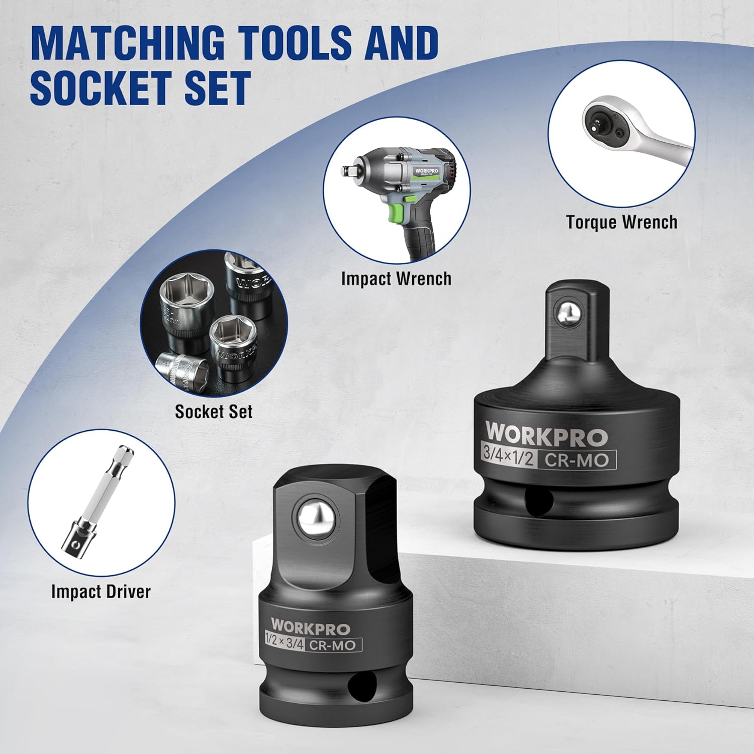 WORKPRO impact socket adapter shown with compatible tools; 1/2 in to 3/4 in, CR-Mo