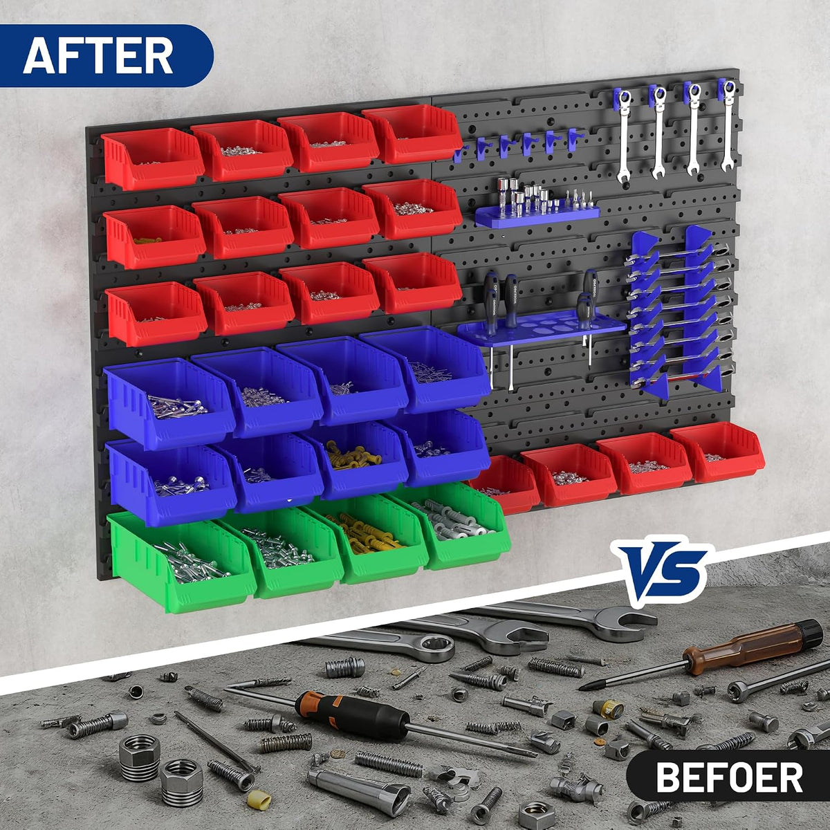 WORKPRO 44PCS Wall Mounted Storage Bins for Garage Storage | Screw organizer for Screws, Nuts, Bolts, Nails, Beads, and Small Hardware Parts, With Wall Panels