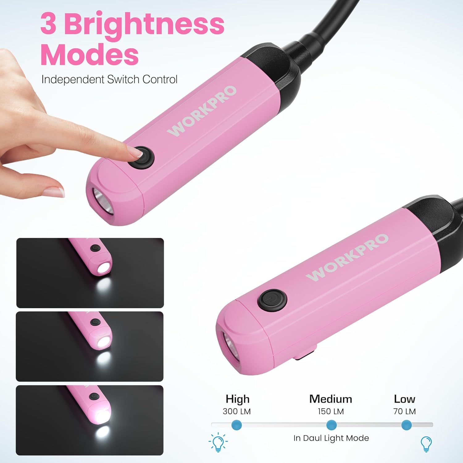 Pink neck light with dual LED pods and built-in switch on the light control module